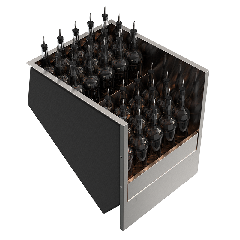 Lateral speedrack with 30 upright bottles and ice compartment