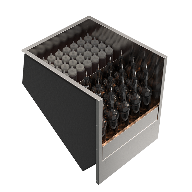 Lateral speedrack with 30 upright bottles and ice compartment