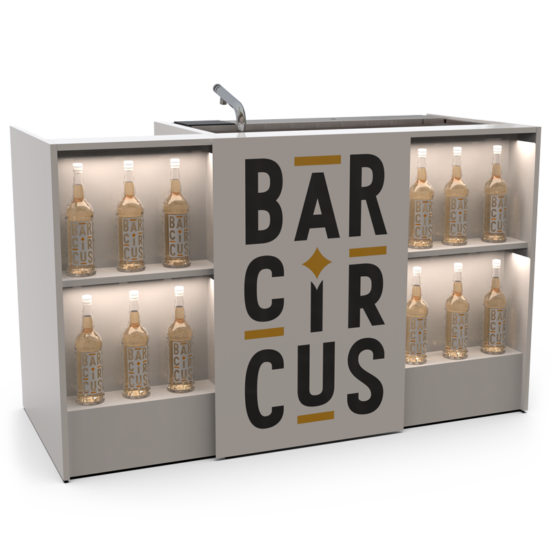 Station de bar event essentiel blanc avec stock bouteilles