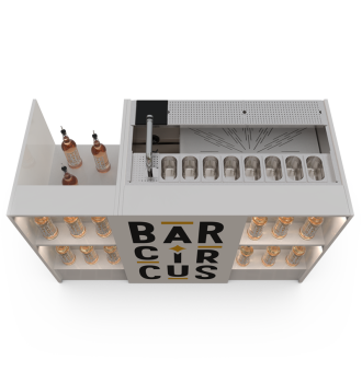 Essential white event bar station with stocked bottles