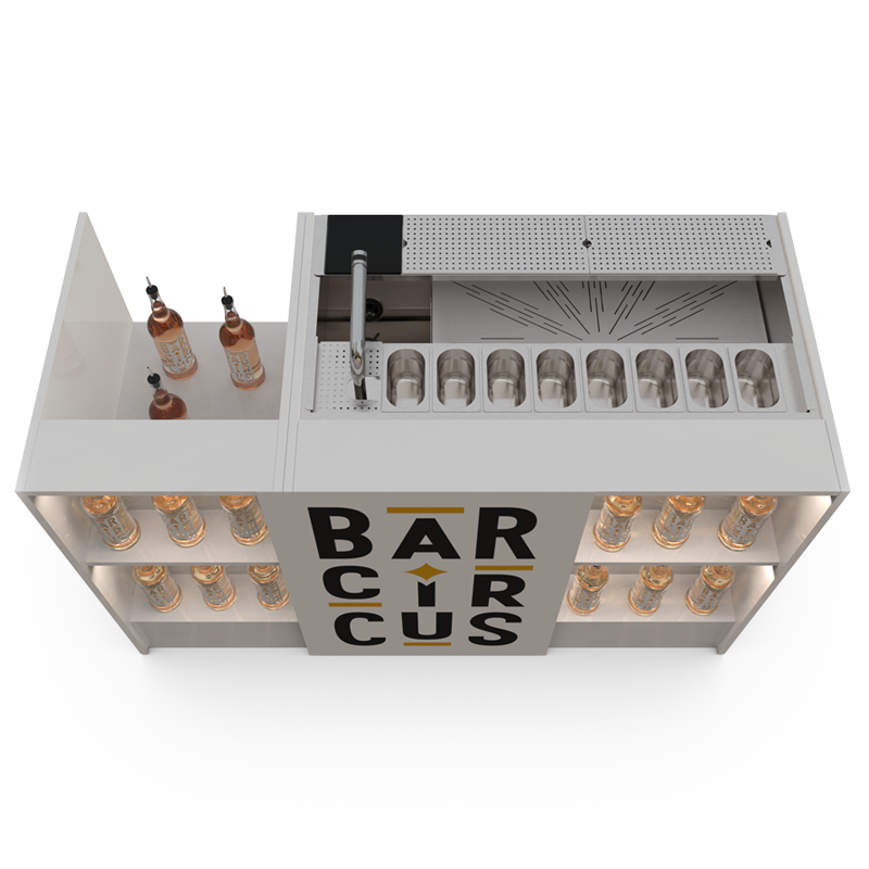 Station de bar event essentiel blanc avec stock bouteilles