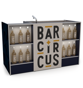 Station de bar event essentiel blanc avec stock bouteilles