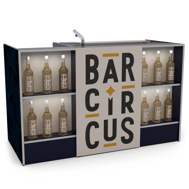 Station de bar event essentiel blanc avec stock bouteilles