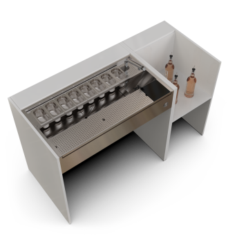 Station de bar event essentiel blanc avec stock bouteilles