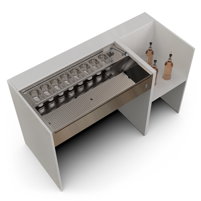 Station de bar event essentiel blanc avec stock bouteilles