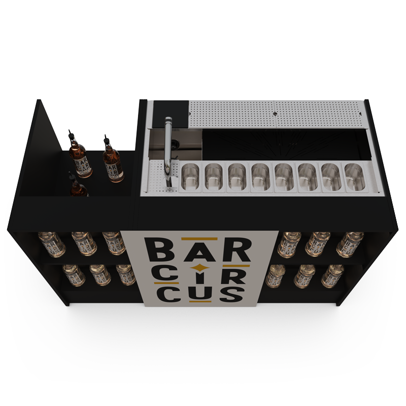 Station de bar event essentiel noir avec stock bouteilles