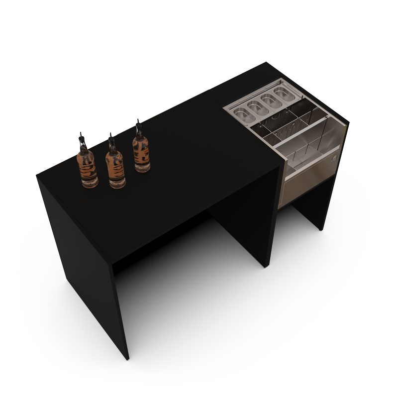 Black event bar counter with ice well and speed rack