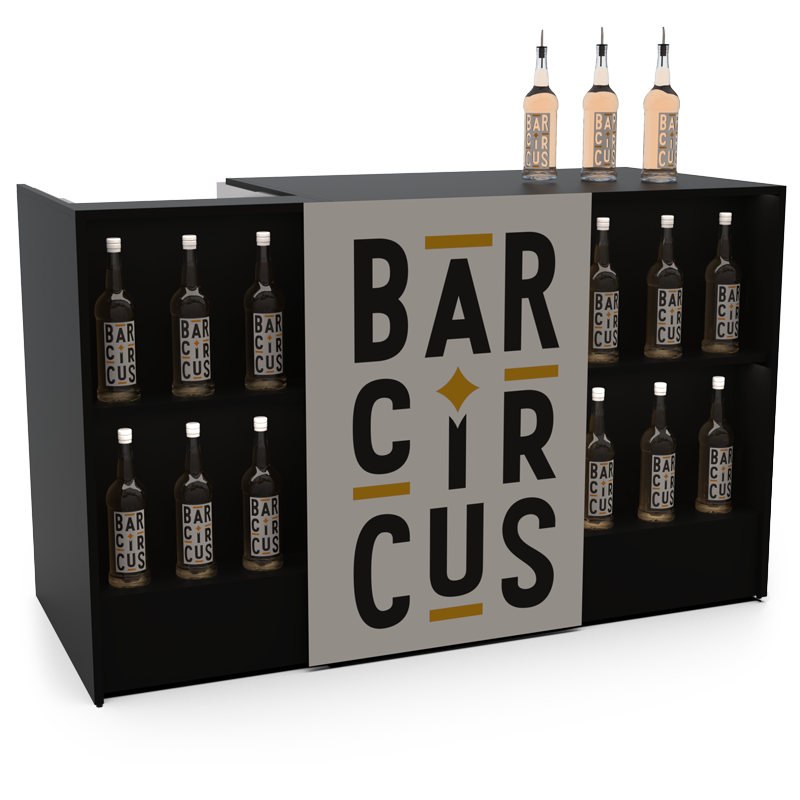 Black event bar counter with ice well and speed rack