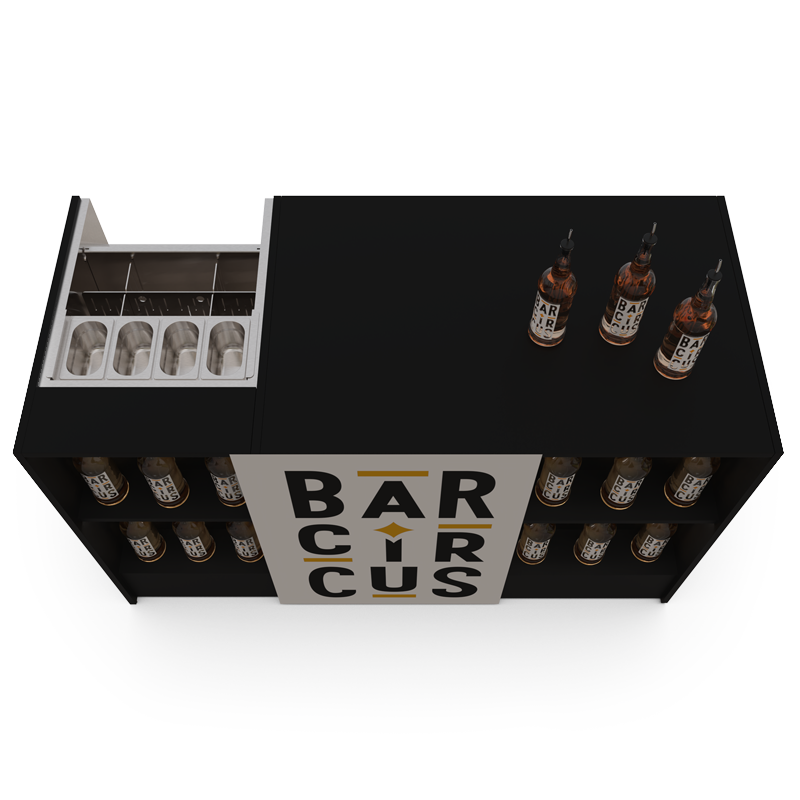 Black event bar counter with ice well and speed rack