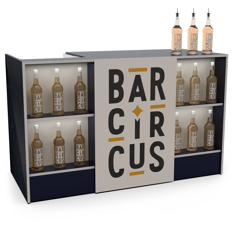 Comptoir de bar event blanc avec stock bouteilles