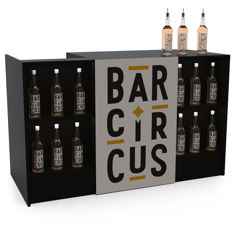 Comptoir de bar event noir avec stock bouteilles
