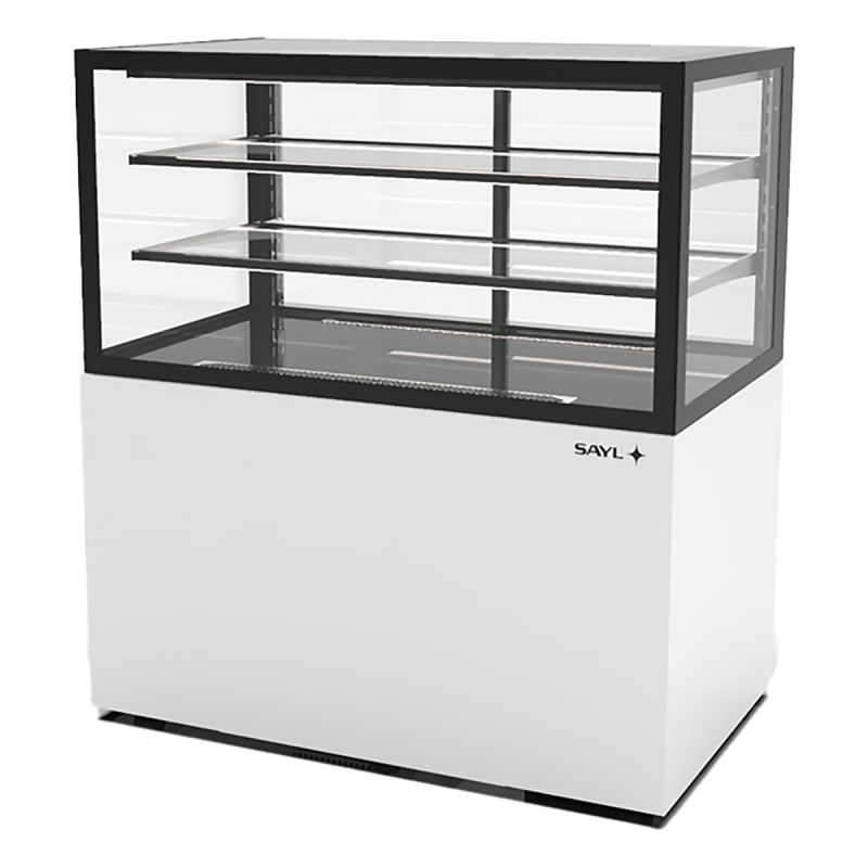Vitrine d'exposition neutre 2 étagères service arrière L1000