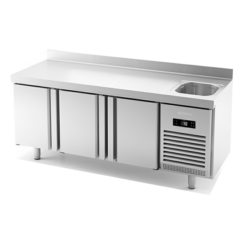Table réfrigérée positive sous comptoir 3 portes avec évier