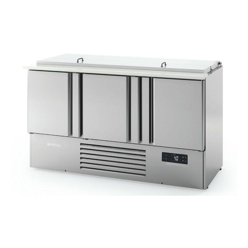 Mini table réfrigérée positive avec 15 bacs GN pour préparation Kebab 3 portes