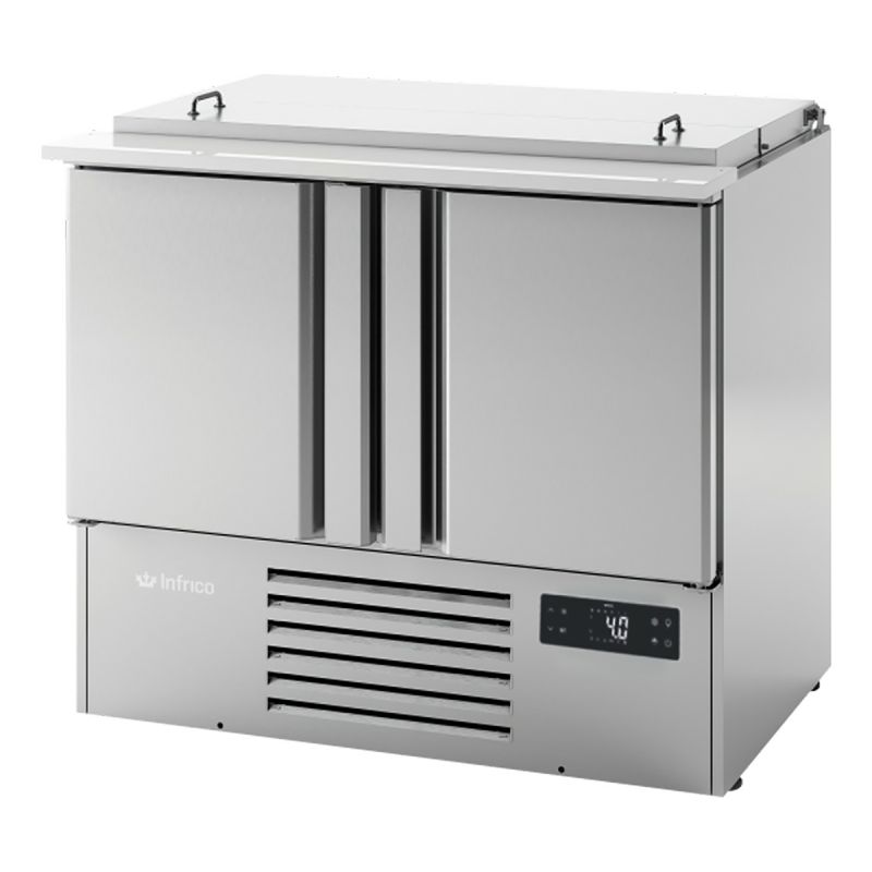 Mini table réfrigérée positive avec 9 bacs GN pour préparation salades 2 portes