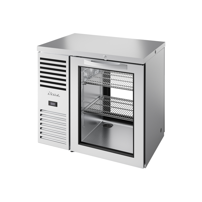 Arrière bar réfrigéré traversant inox 1 porte vitrée battante à l'avant et à l'arrière