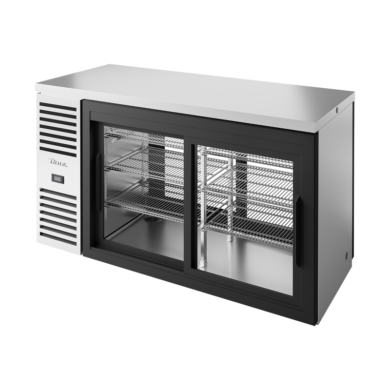 Arrière bar réfrigéré traversant inox 2 portes vitrées coulissantes  à l'avant et à l'arrière