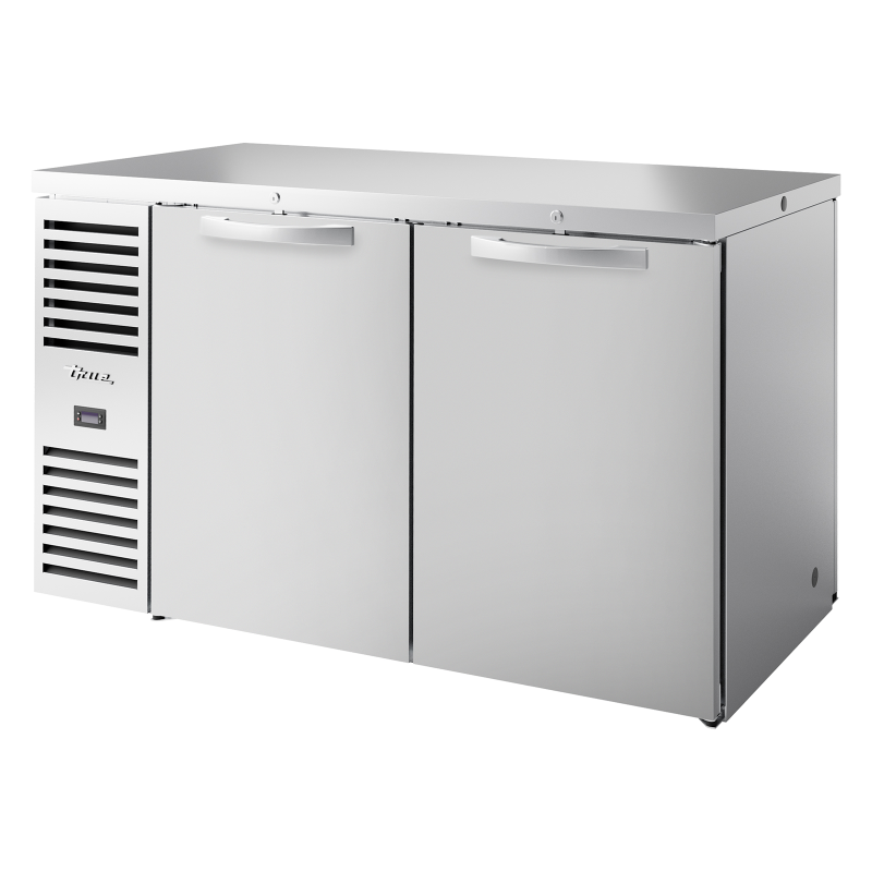 Arrière bar réfrigéré traversant inox 2 portes pleines battantes à l'avant et à l'arrière