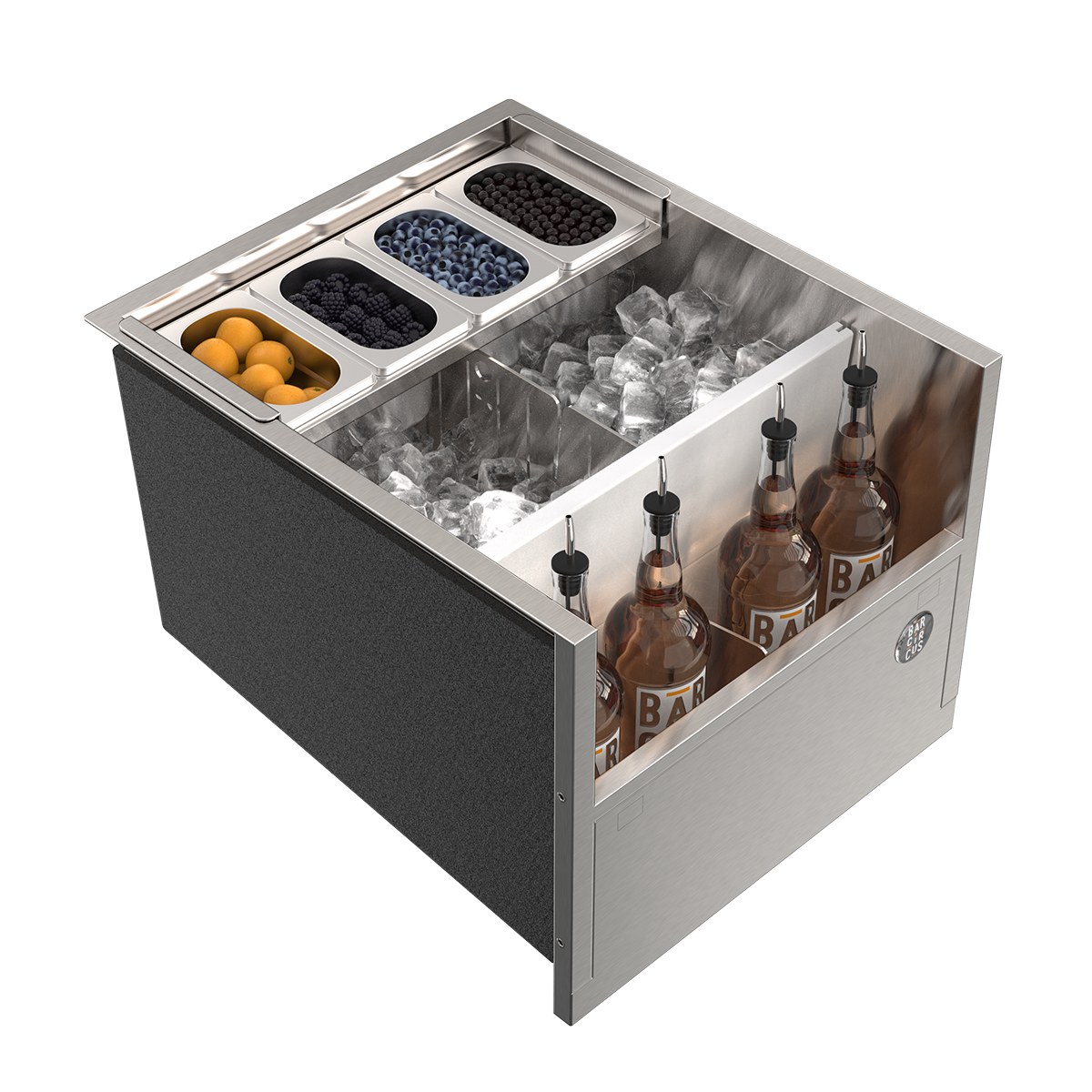 Fast icewell avec speedrack 77L Module de bar avec séparateurs inox rempli de glace, de bouteilles et de divers condiments