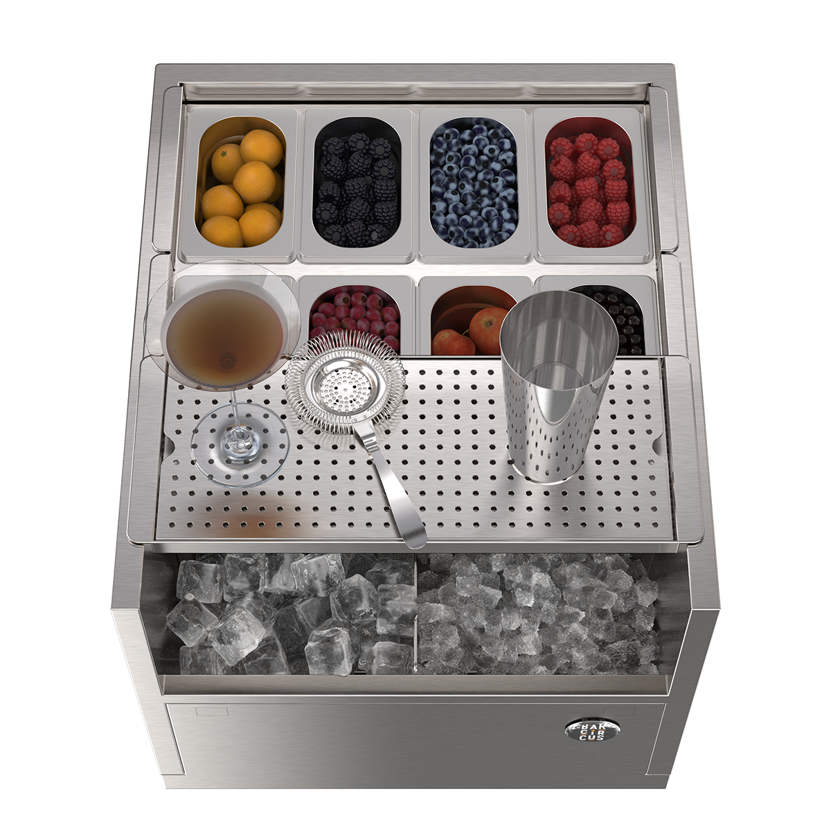 Vue de face de la station cocktail compact avec son système de distribution de glace, son séparateur en inox, ses bacs gastronomiques et sa grille de préparation