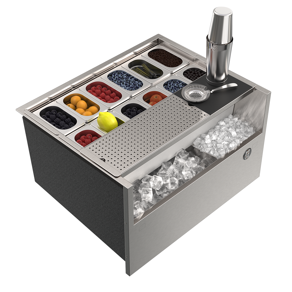 Station cocktail de taille intermédiaire avec son système de distribution de glace, son module séparateur en inox, ses bacs gastronomiques et sa grille de préparation