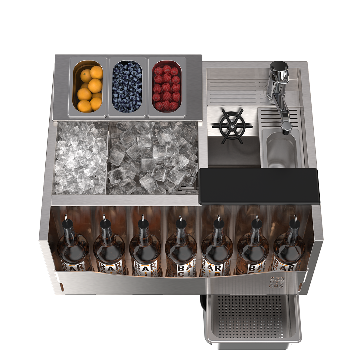 Station cocktail compact avec évier, bacs à glace, séparateur en inox, bacs gastronomiques, speedrack pour les bouteilles, évier avec mitigeur, rince-shaker, porte-outil et système de séparation solide liquide de 5L