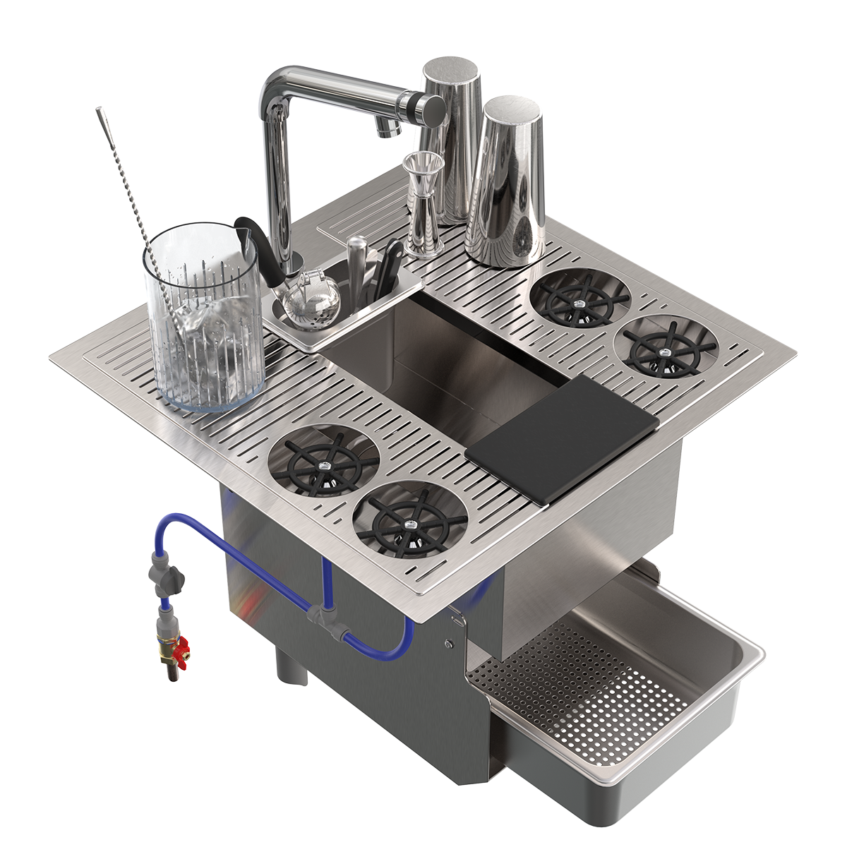 Évier cocktail mutualisé avec 4 rince-shaker, deux grande grilles de sèchage, un bac porte-outils, planche à découper et séparateur solide liquide