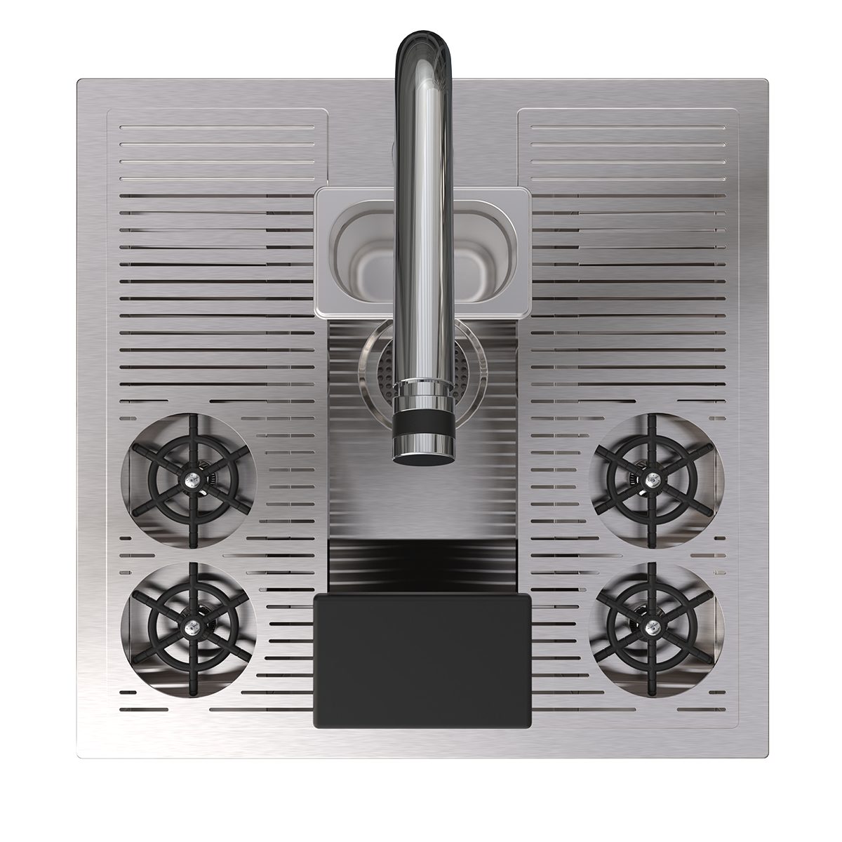 Evier cocktail mutualisé avec séparateur TAKE OUT Évier cocktail mutualisé avec 4 rince-shaker, deux grande grilles de sèchage, un bac porte-outils, planche à découper et séparateur solide liquide