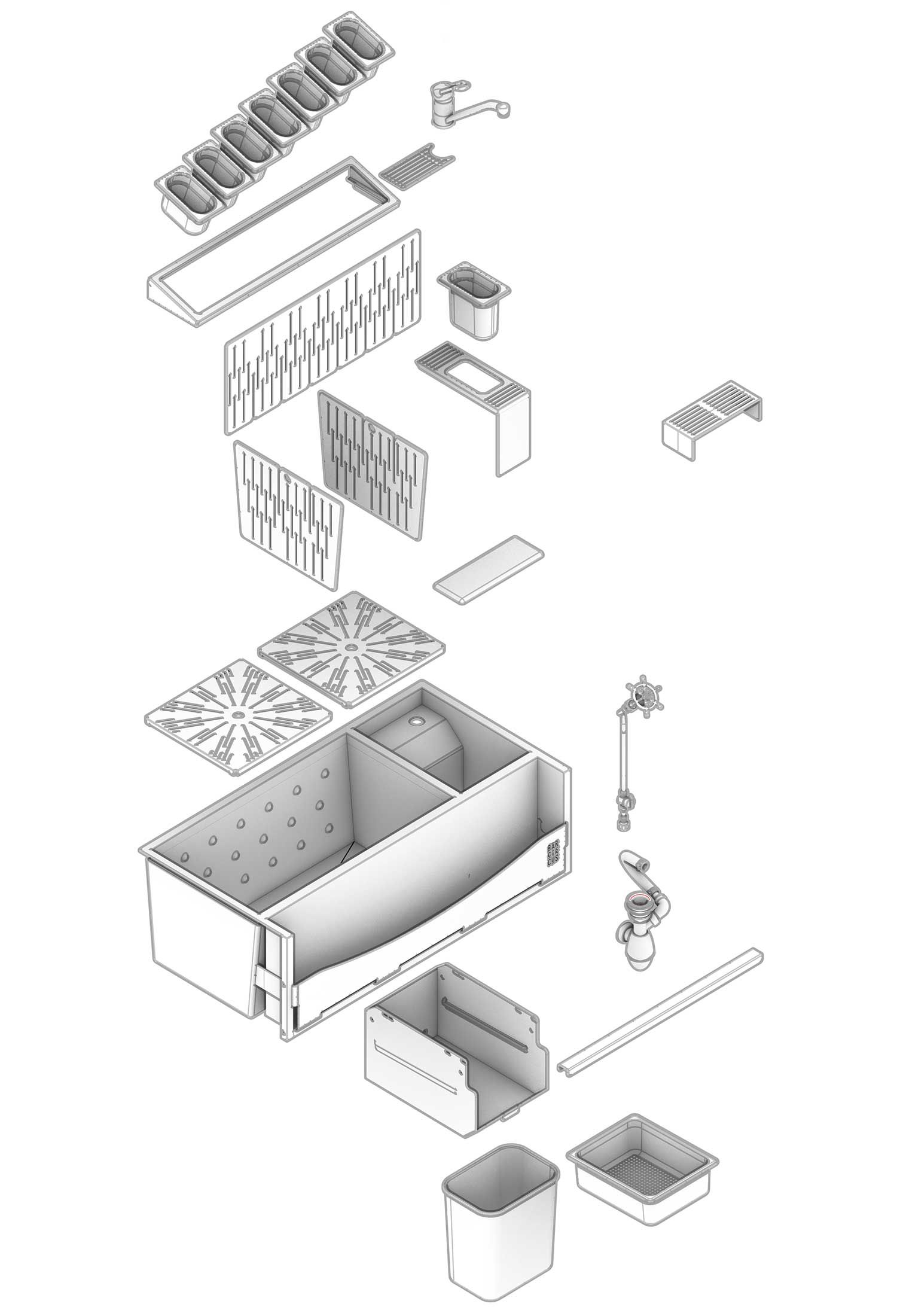 Vue explosée avec tous les éléments de la station cocktail OS-1006