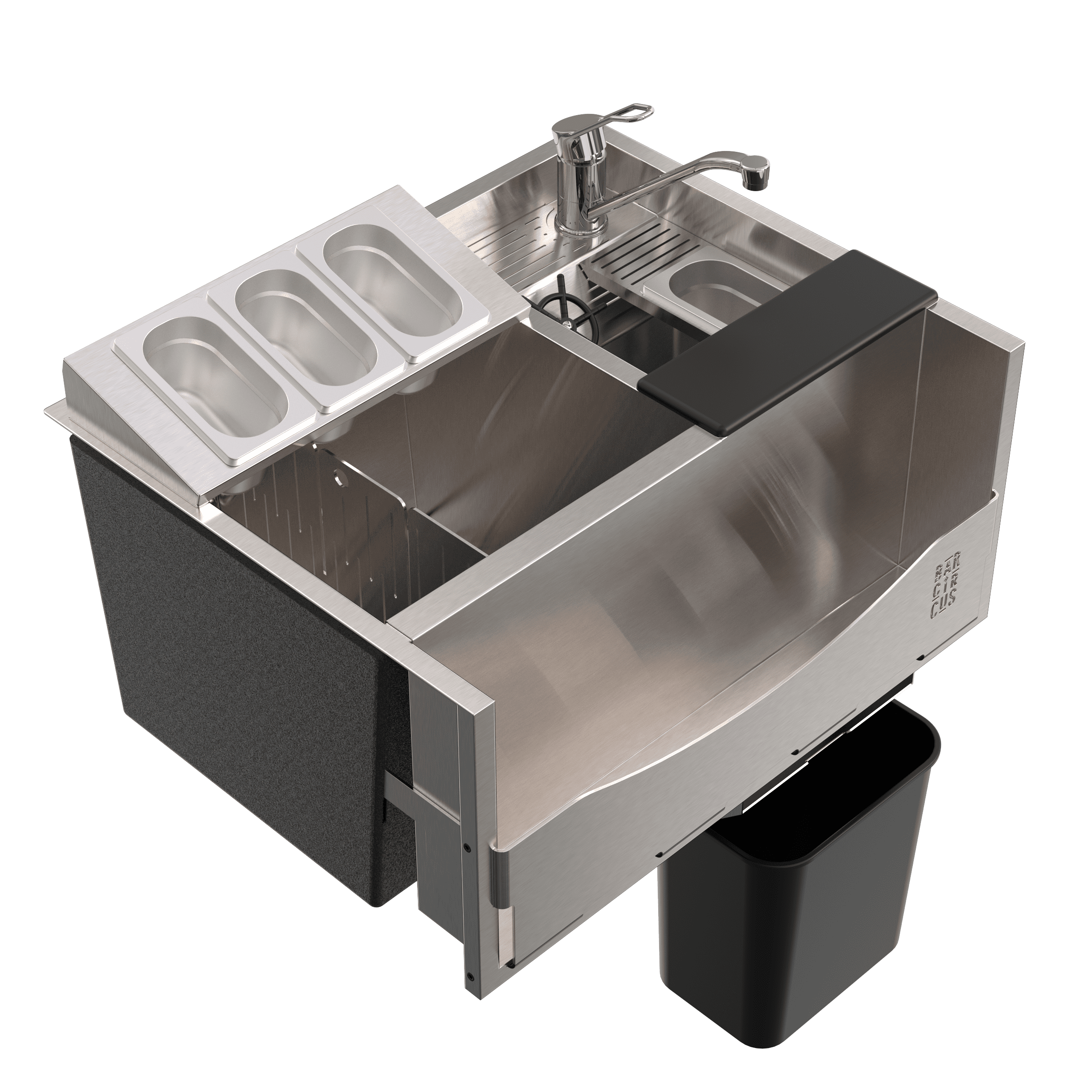 Vue de profil de la station et de son bac à glace en inox entouré de mousse isolante pour une meilleure conservation du froid