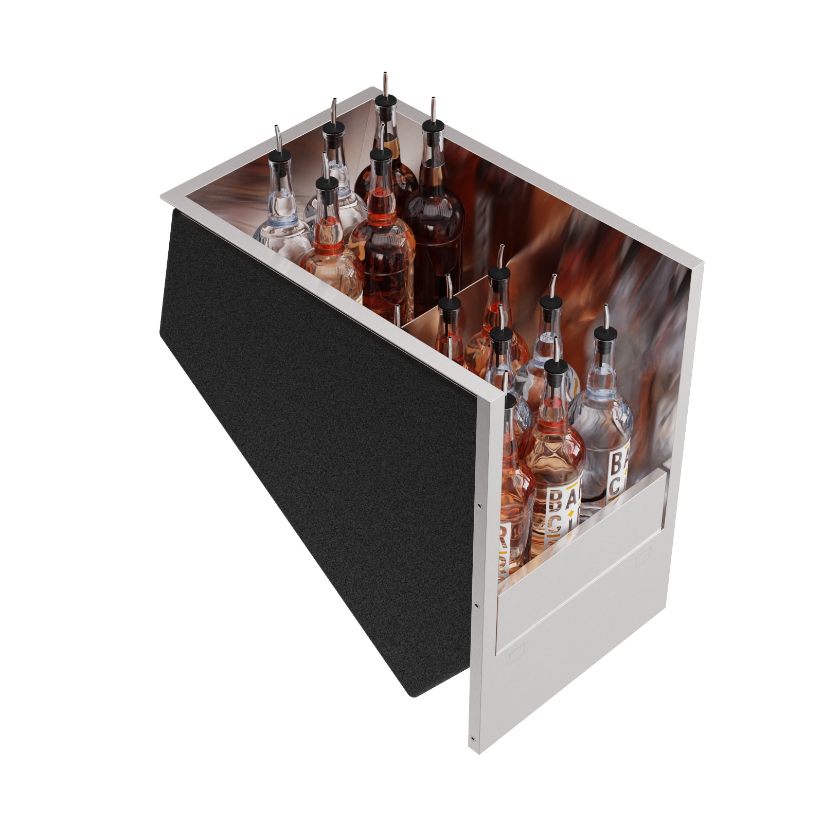 Lateral speedrack for 30 upright bottles with ice compartment