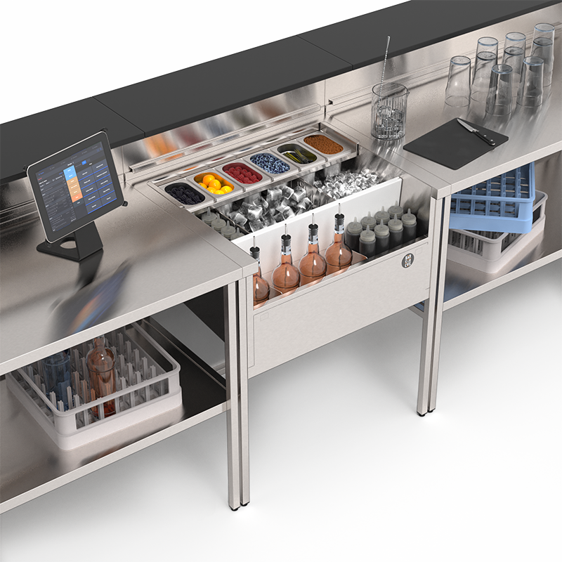 station cocktail en inox avec séparateurs modulables