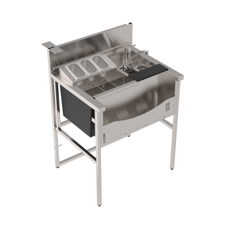 station cocktail en inox entièrement modulable avec bacs gastronomiques et évier-rince shaker intégré